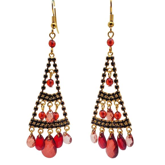 Red Chandelier Earrings Gold Tone Dangle Boho Festival Pink Teardrop Drops 3"L - Picture 1 of 8